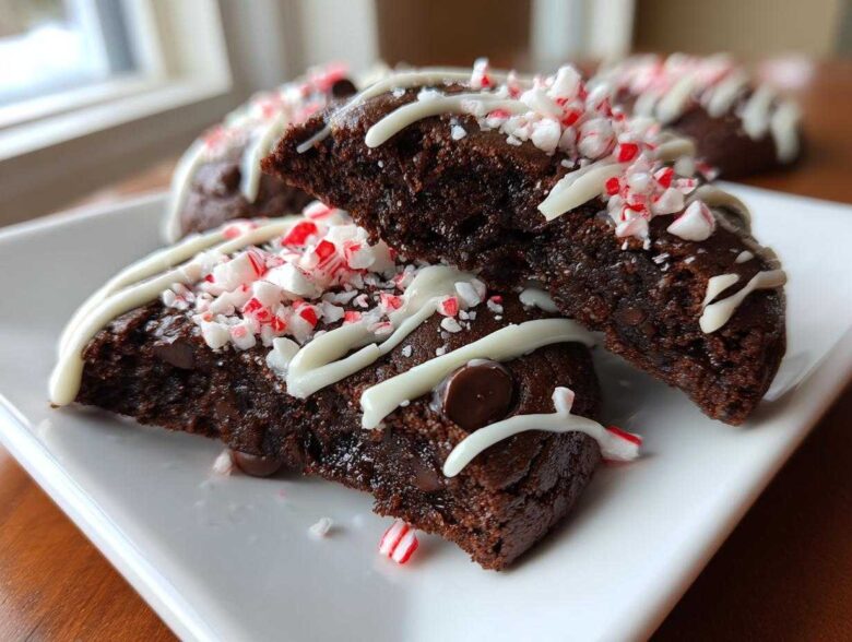 A close-up view of a double chocolate peppermint cookie broken in half, drizzled with white chocolate and topped with crushed candy canes.