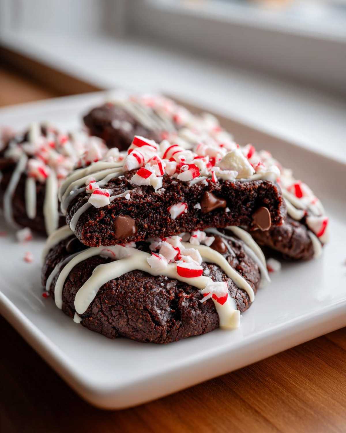 A stack of rich, fudgy double chocolate peppermint cookies drizzled with white icing and topped with crushed candy canes.