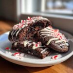 A stack of rich, fudgy double chocolate peppermint cookies drizzled with white icing and topped with crushed candy canes.