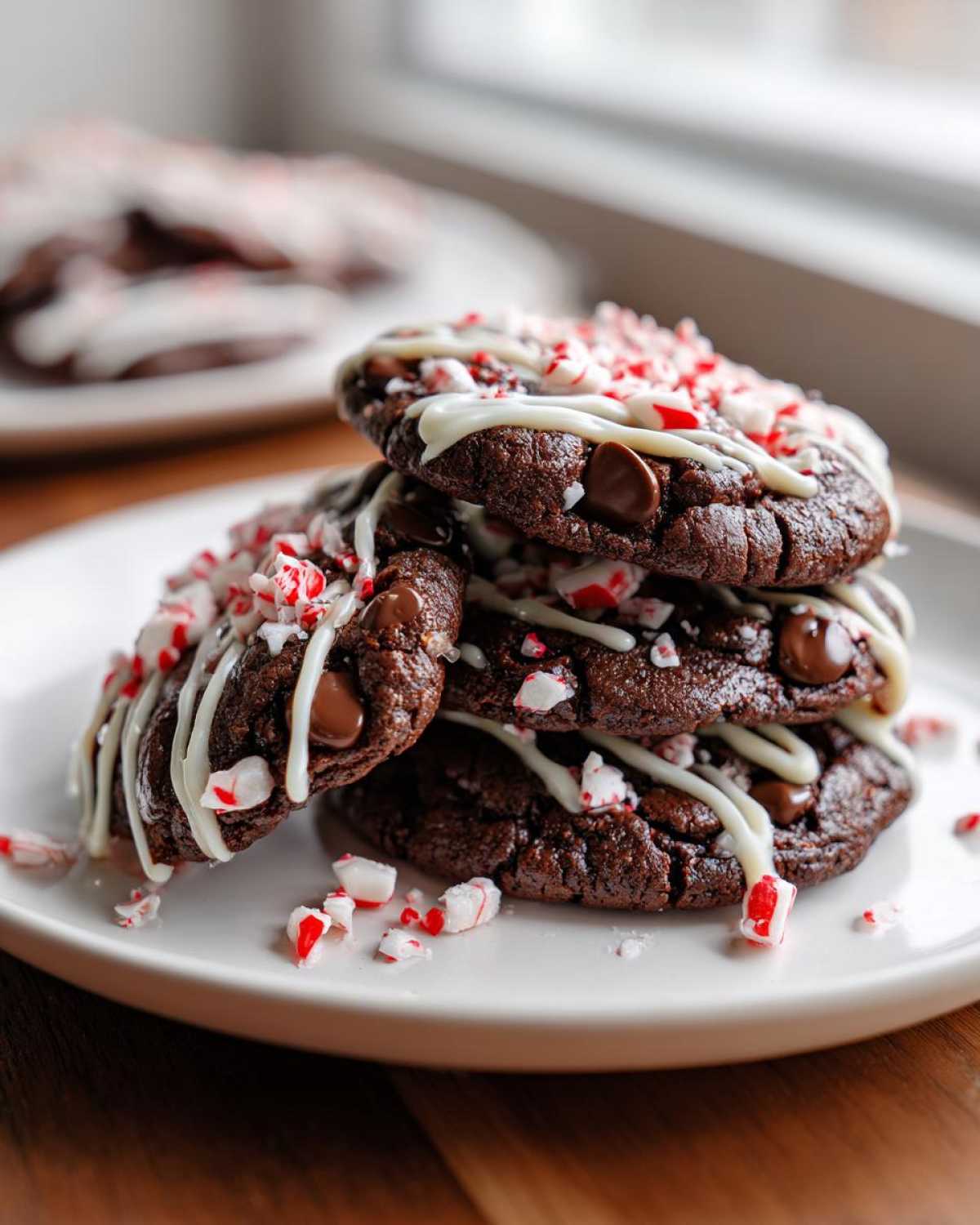 A stack of rich, dark double chocolate peppermint cookies drizzled with white icing and topped with crushed candy canes.