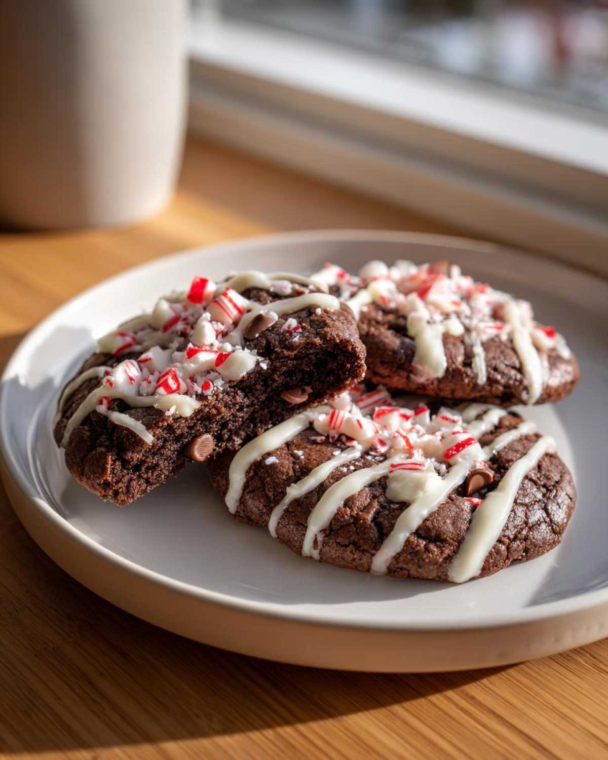 Three rich double chocolate peppermint cookies drizzled with white chocolate and topped with crushed candy canes on a light plate.