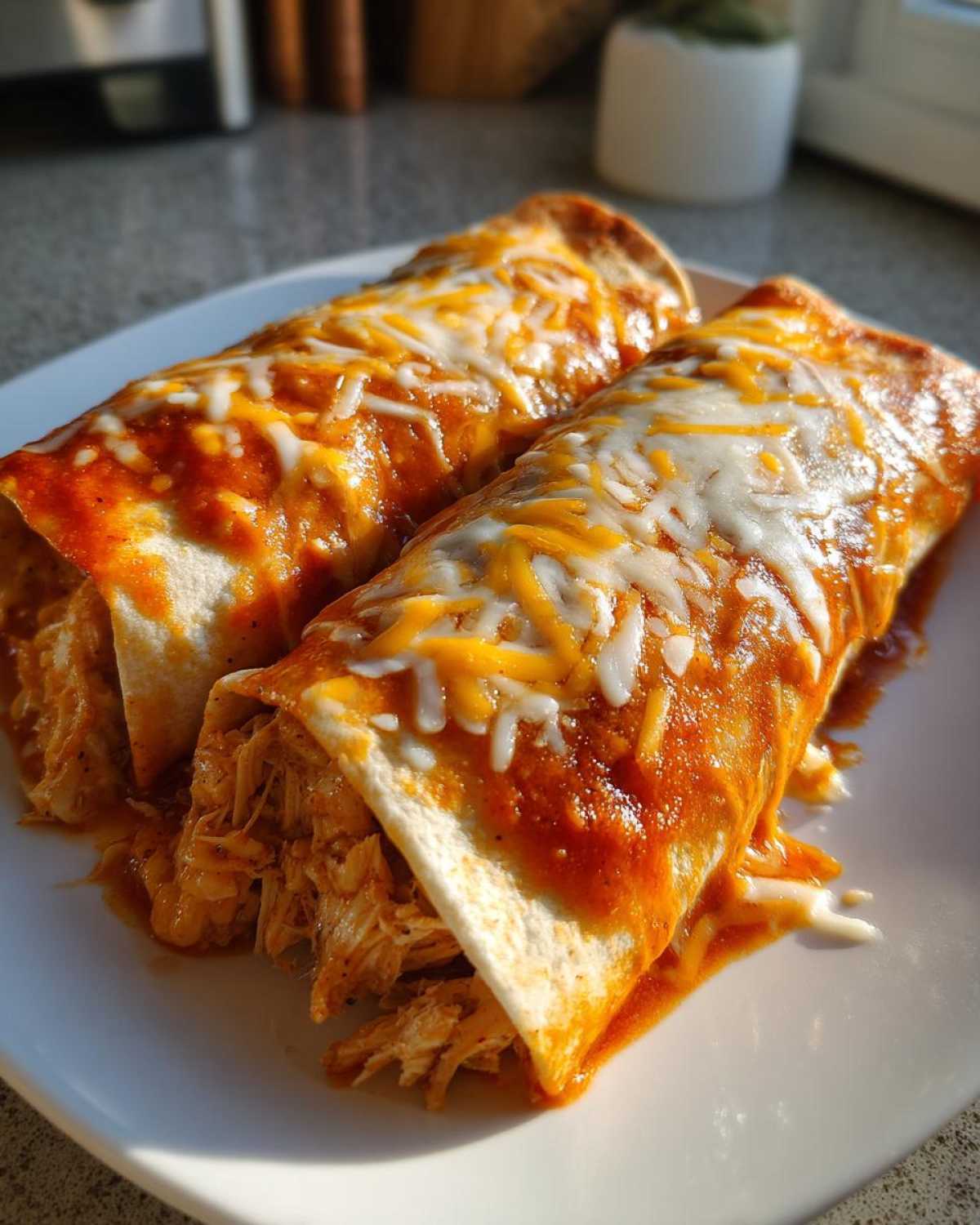 Close-up of two delicious easy chicken enchiladas covered in red sauce and melted shredded cheese.