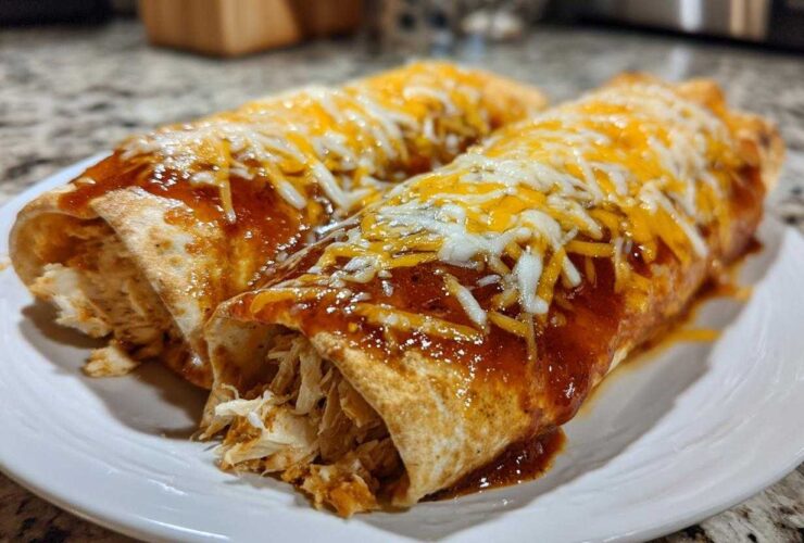 Two rolled easy chicken enchiladas covered in red sauce and shredded melted cheddar and Monterey Jack cheese.