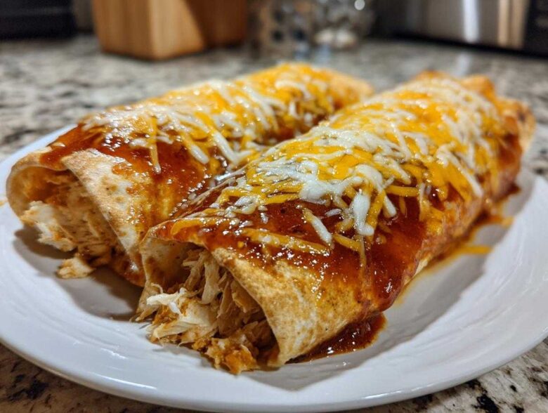 Two rolled easy chicken enchiladas covered in red sauce and shredded melted cheddar and Monterey Jack cheese.