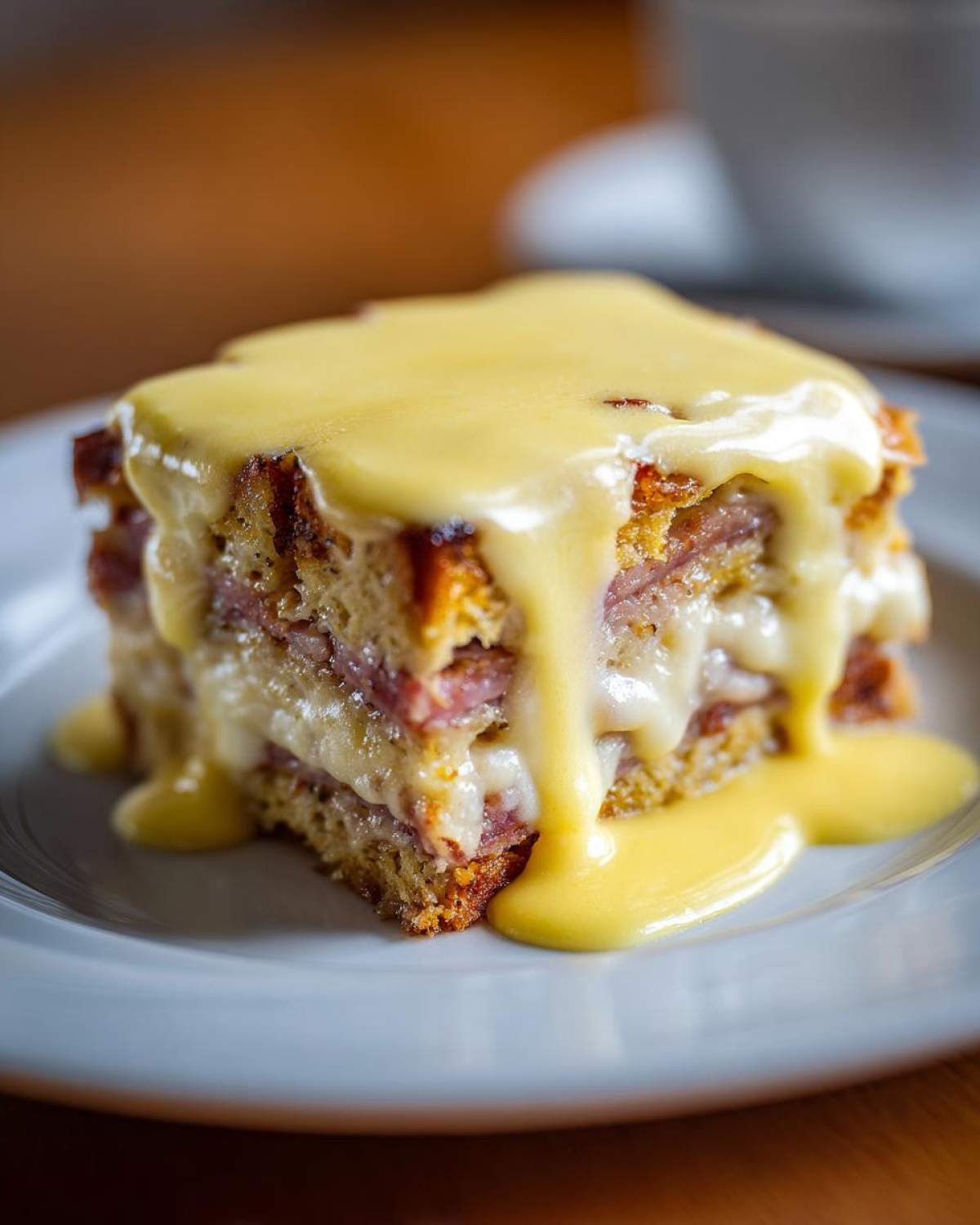 Close-up of a square slice of eggs benedict casserole topped generously with dripping hollandaise sauce.