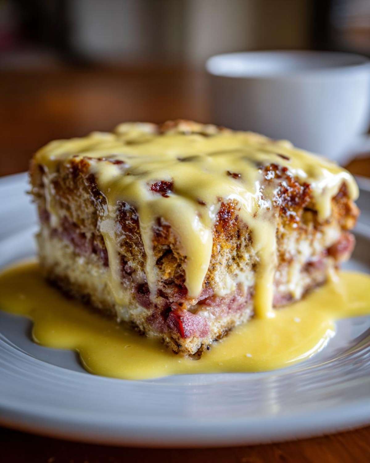 A square slice of baked eggs benedict casserole topped with rich, dripping hollandaise sauce on a light gray plate.