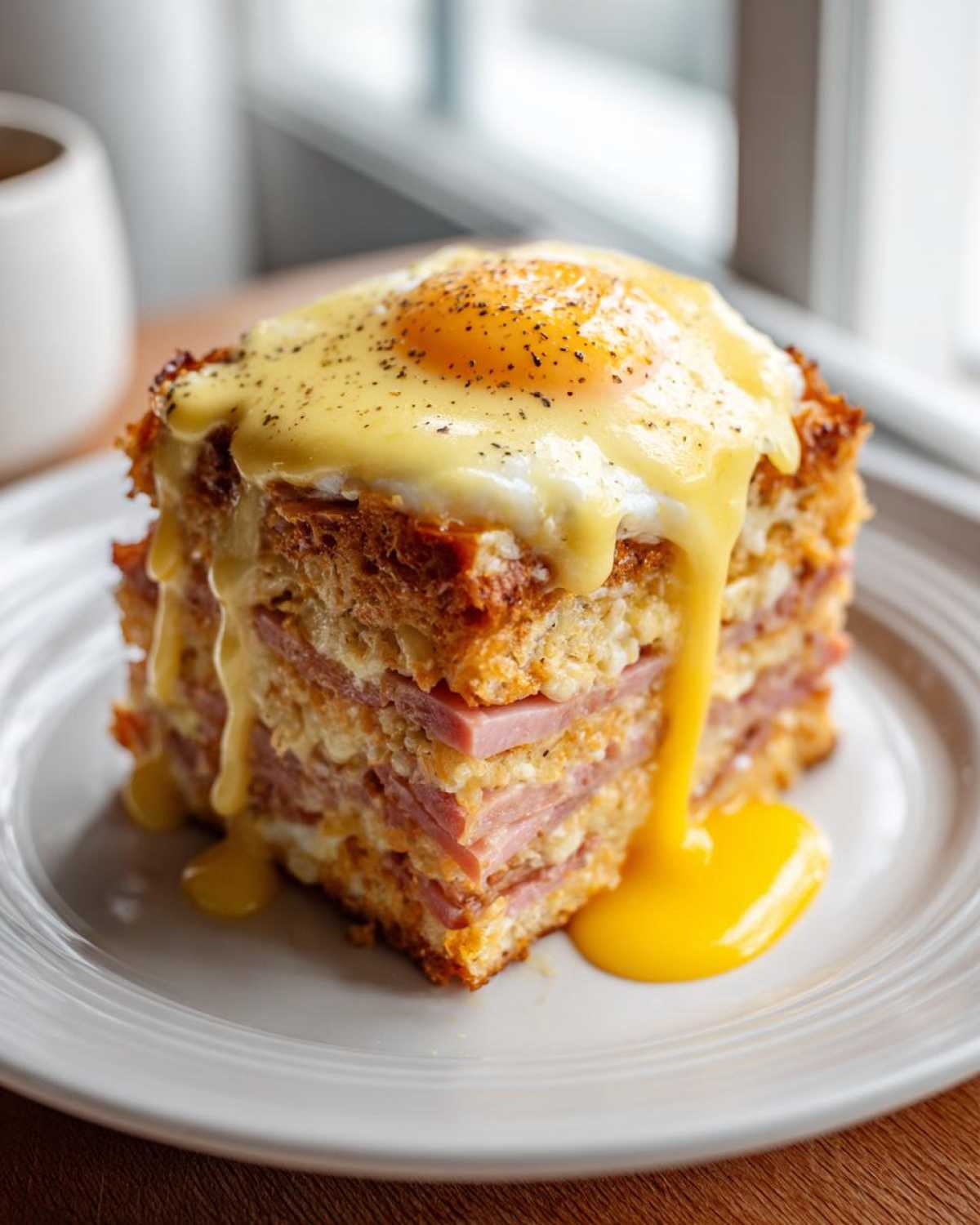A tall, square serving of eggs benedict casserole topped with a runny fried egg and hollandaise sauce.