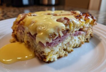 A thick slice of eggs benedict casserole layered with ham, cheese, and topped with hollandaise sauce.