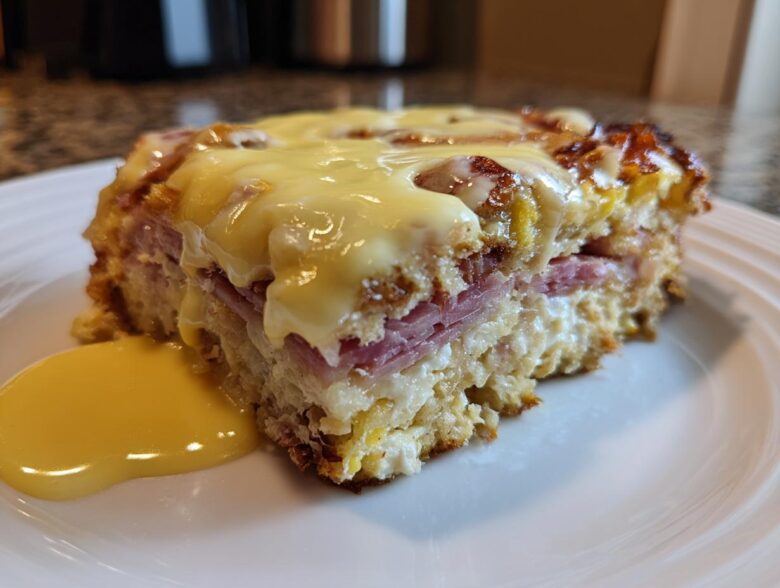 A thick slice of eggs benedict casserole layered with ham, cheese, and topped with hollandaise sauce.