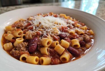 Close-up of a white bowl filled with rich pasta fagioli, featuring tubular pasta, ground meat, kidney beans, and topped with grated Parmesan cheese.