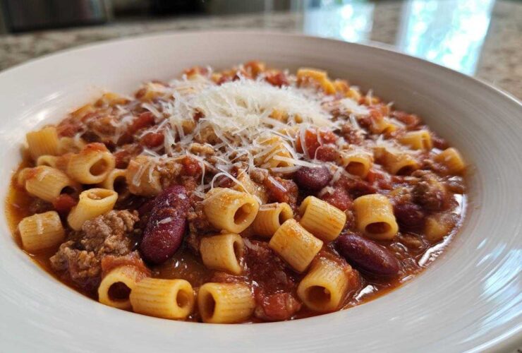 Close-up of a white bowl filled with rich pasta fagioli, featuring tubular pasta, ground meat, kidney beans, and topped with grated Parmesan cheese.