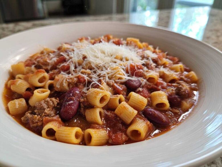 Close-up of a white bowl filled with rich pasta fagioli, featuring tubular pasta, ground meat, kidney beans, and topped with grated Parmesan cheese.