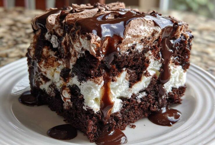 A decadent slice of hot chocolate poke cake showing dark chocolate cake layers filled with white cream and drizzled heavily with chocolate fudge sauce.