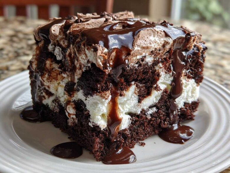 A decadent slice of hot chocolate poke cake showing dark chocolate cake layers filled with white cream and drizzled heavily with chocolate fudge sauce.
