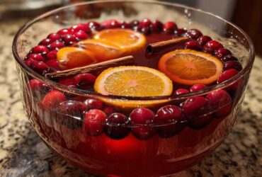 A clear glass bowl filled with festive Thanksgiving punch, garnished with floating orange slices, fresh cranberries, and cinnamon sticks.