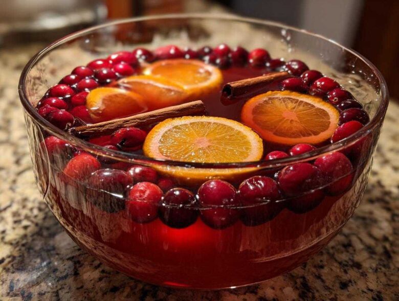 A clear glass bowl filled with festive Thanksgiving punch, garnished with floating orange slices, fresh cranberries, and cinnamon sticks.