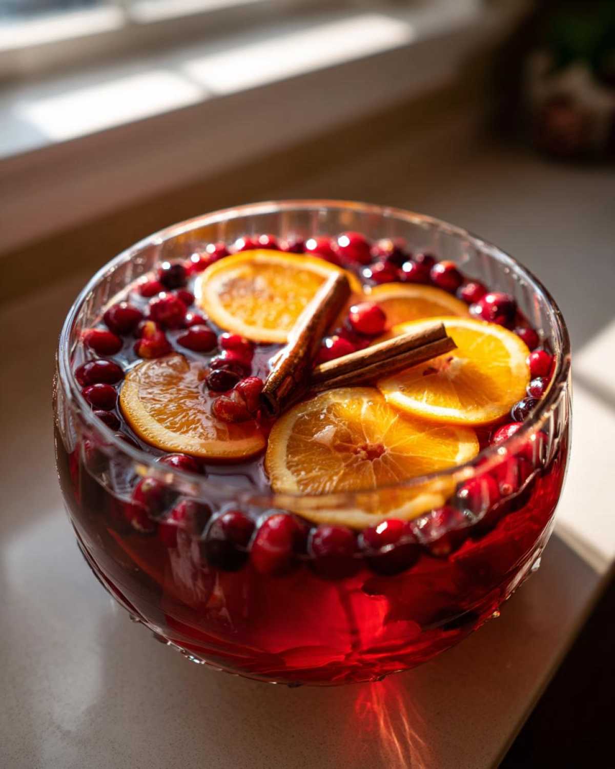 Close-up of a festive thanksgiving punch in a glass bowl garnished with fresh cranberries, orange slices, and cinnamon sticks.
