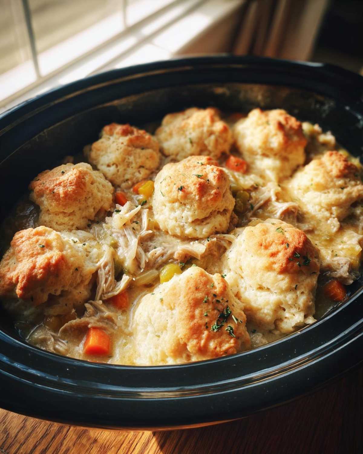 Finished slow cooker chicken and dumplings with fluffy biscuits topping the creamy chicken stew.