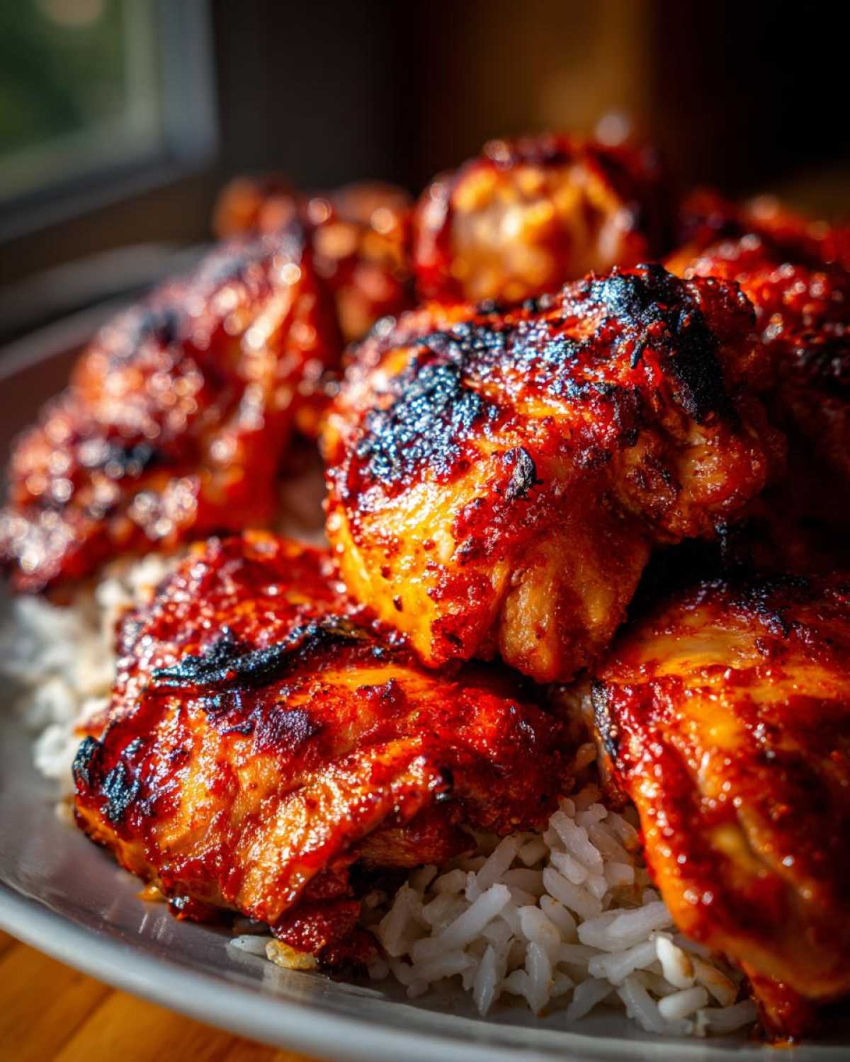 Close-up of richly glazed, slightly charred harissa chicken pieces piled on a bed of fluffy white rice.