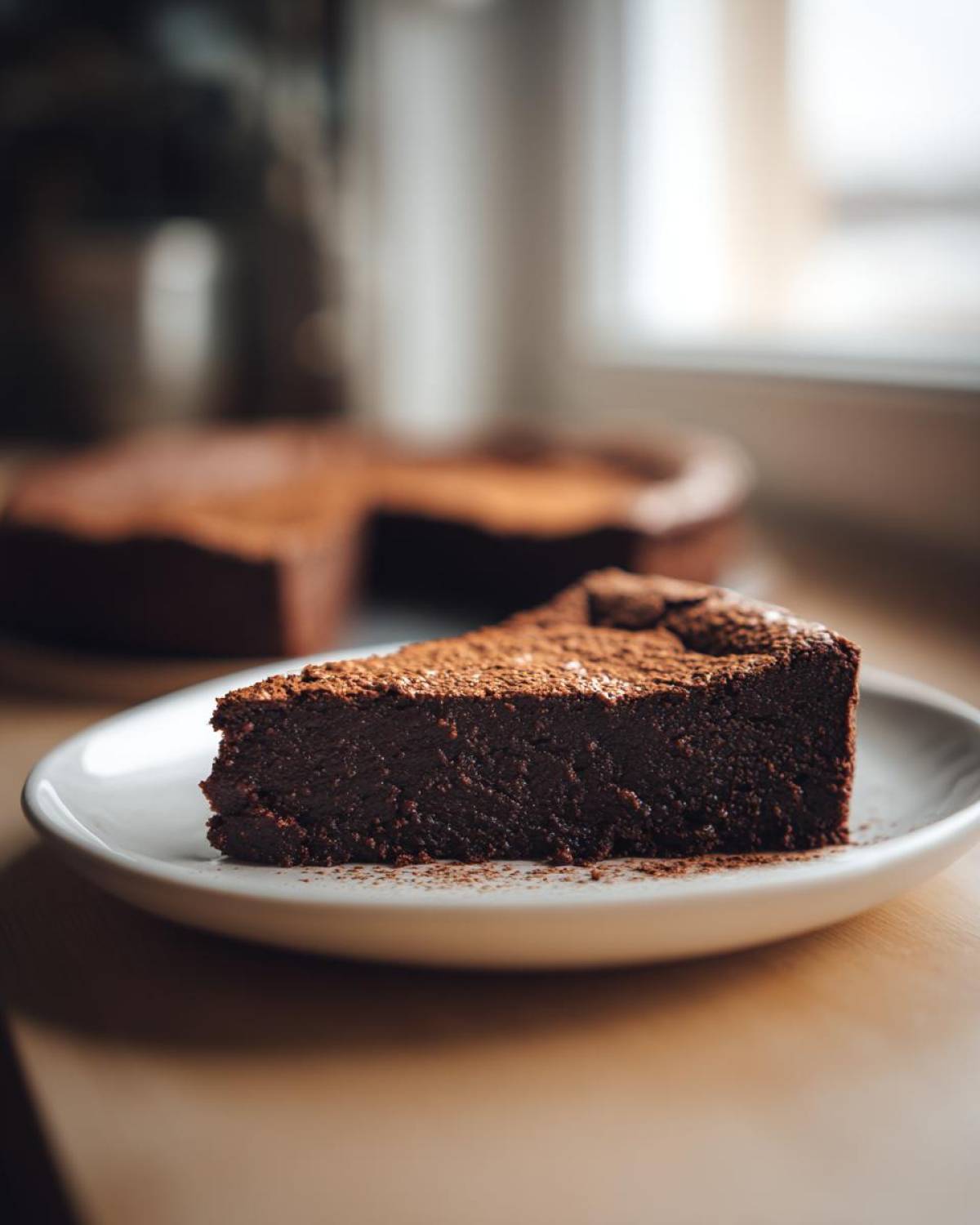 A decadent slice of flourless chocolate cake dusted with cocoa powder, served on a white plate.