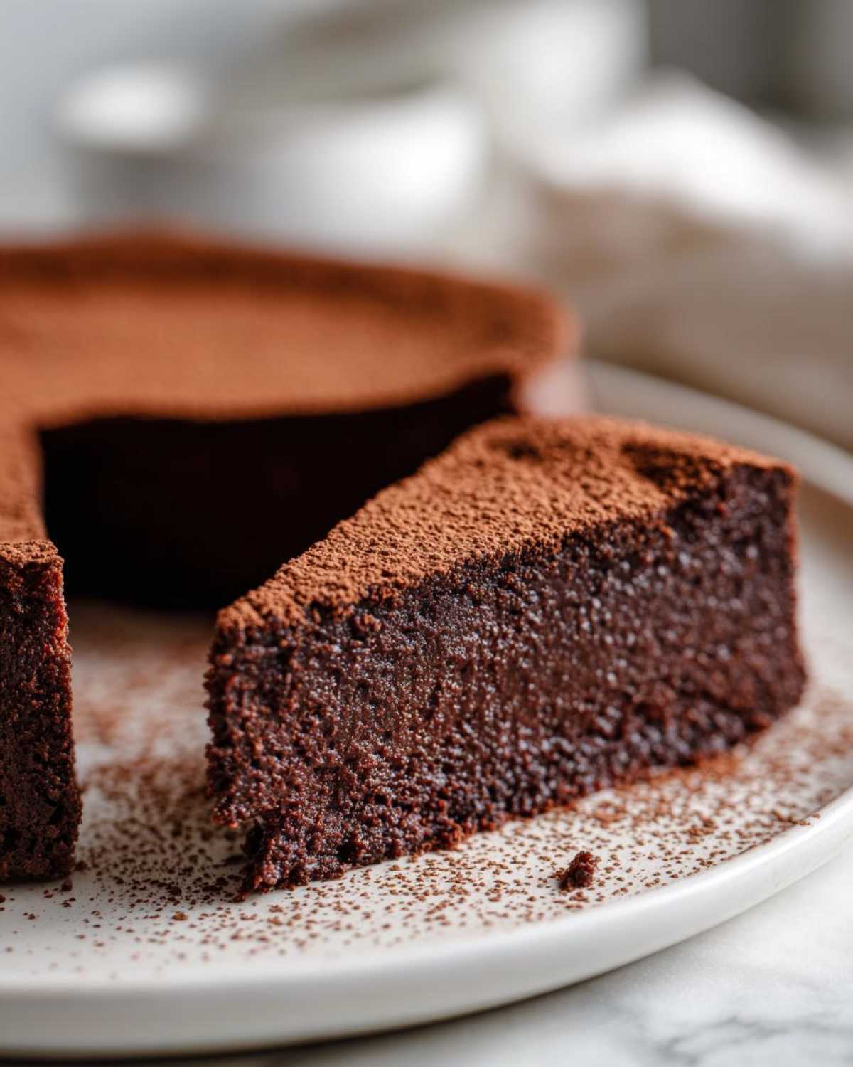 A decadent slice of flourless chocolate torte with a dense, moist texture, dusted heavily with cocoa powder.