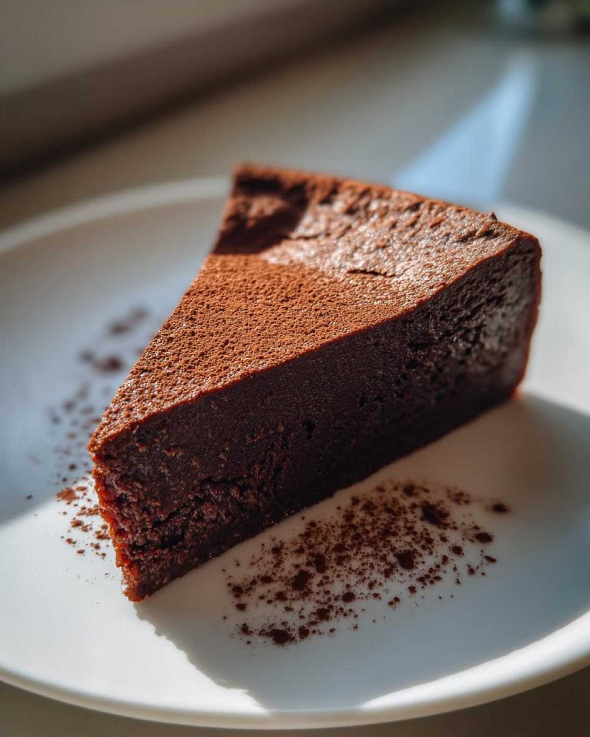 A dense, dark slice of flourless chocolate torte dusted with cocoa powder, sitting on a white plate.