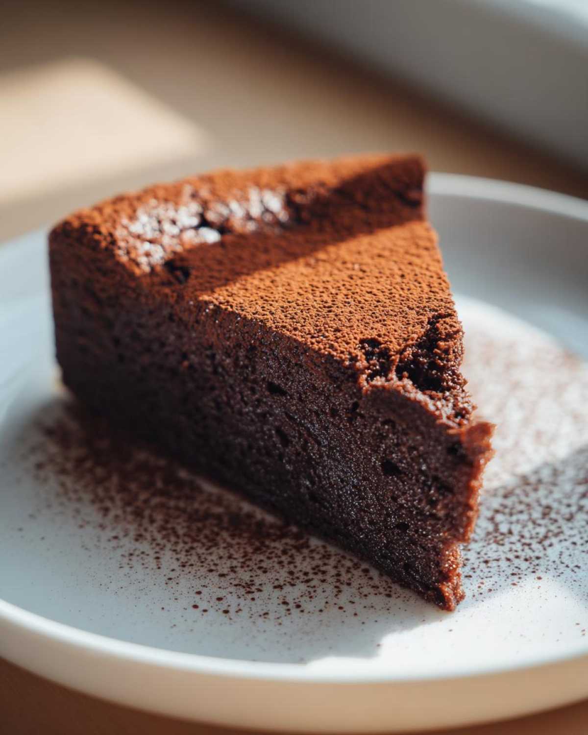 A triangular slice of dense, dark flourless chocolate torte dusted heavily with cocoa powder, sitting on a white plate.