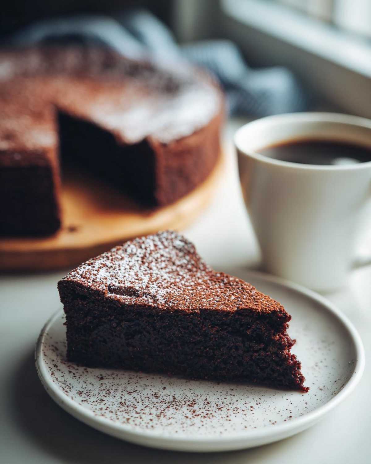 A rich slice of flourless chocolate torte dusted with powdered sugar, served next to a cup of coffee.