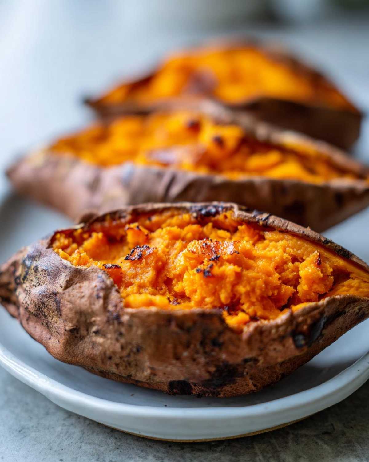 Close-up of a fluffy baked sweet potatoes, split open to show bright orange interior.