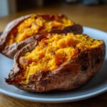 Close-up of two fluffy baked sweet potatoes, split open to show the bright orange, mashed interior.