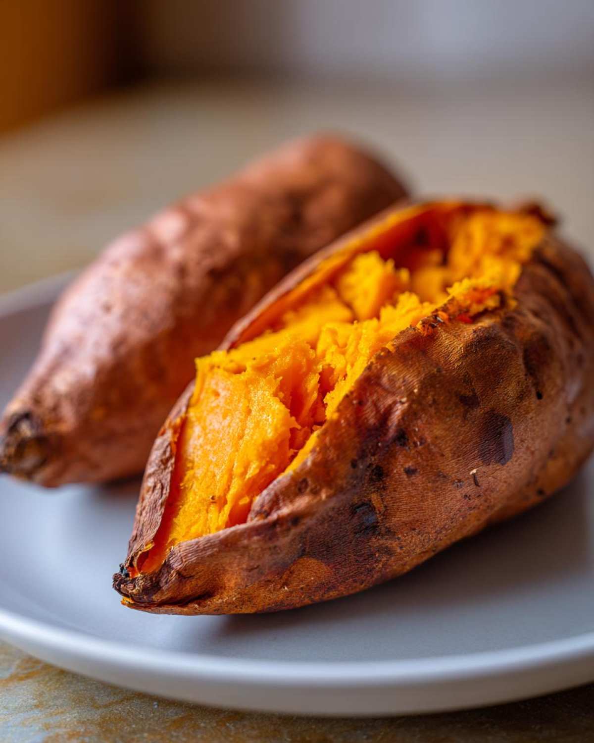Close-up of fluffy baked sweet potatoes, one split open revealing bright orange flesh.