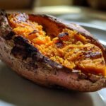 Close-up of a perfectly baked sweet potatoes, split open to show the fluffy, bright orange interior.