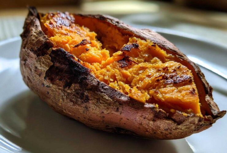 Close-up of a perfectly baked sweet potatoes, split open to show the fluffy, bright orange interior.