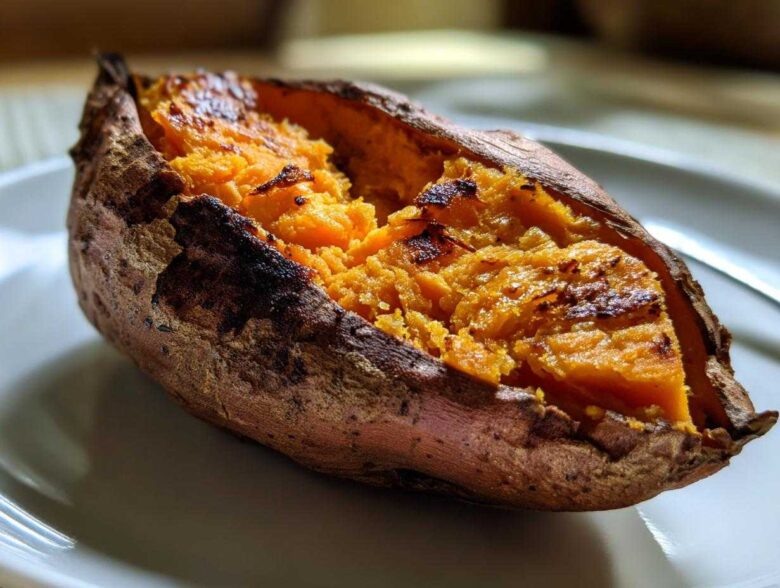 Close-up of a perfectly baked sweet potatoes, split open to show the fluffy, bright orange interior.