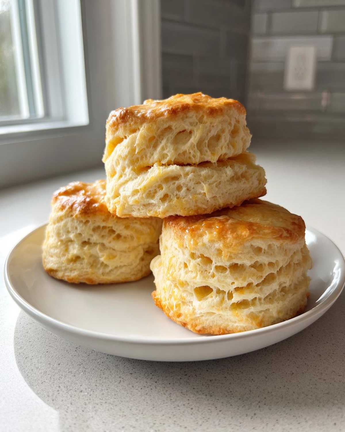A stack of three golden-brown, fluffy scones showing visible layers, served on a white plate.
