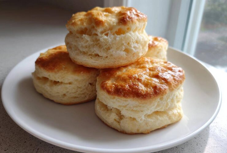 A stack of four perfectly golden and fluffy scones resting on a white plate near a window.