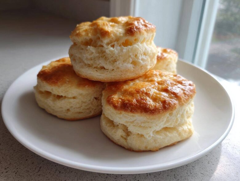 A stack of four perfectly golden and fluffy scones resting on a white plate near a window.