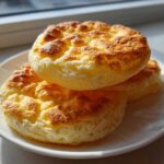 Three golden-brown, fluffy cloud bread rounds stacked on a white plate near a window.