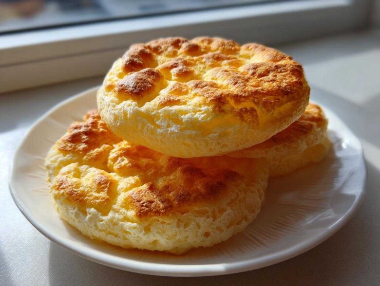 Three golden-brown, fluffy cloud bread rounds stacked on a white plate near a window.