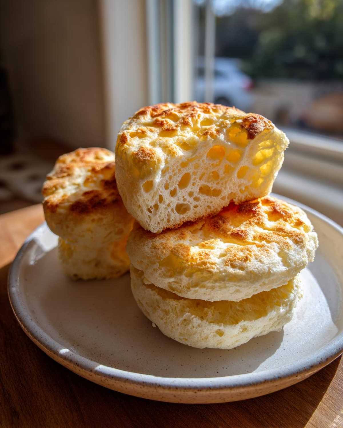 A stack of three light and airy cloud bread pieces, showing the porous interior texture.