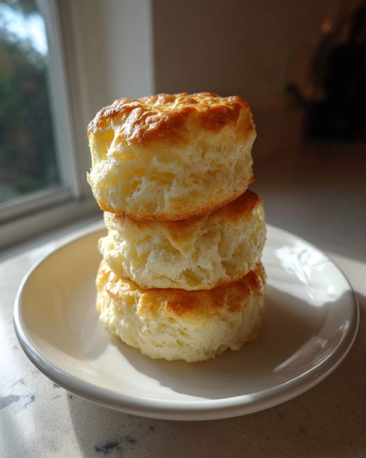 Three golden-brown, fluffy cloud bread rounds stacked vertically on a white plate near a window.
