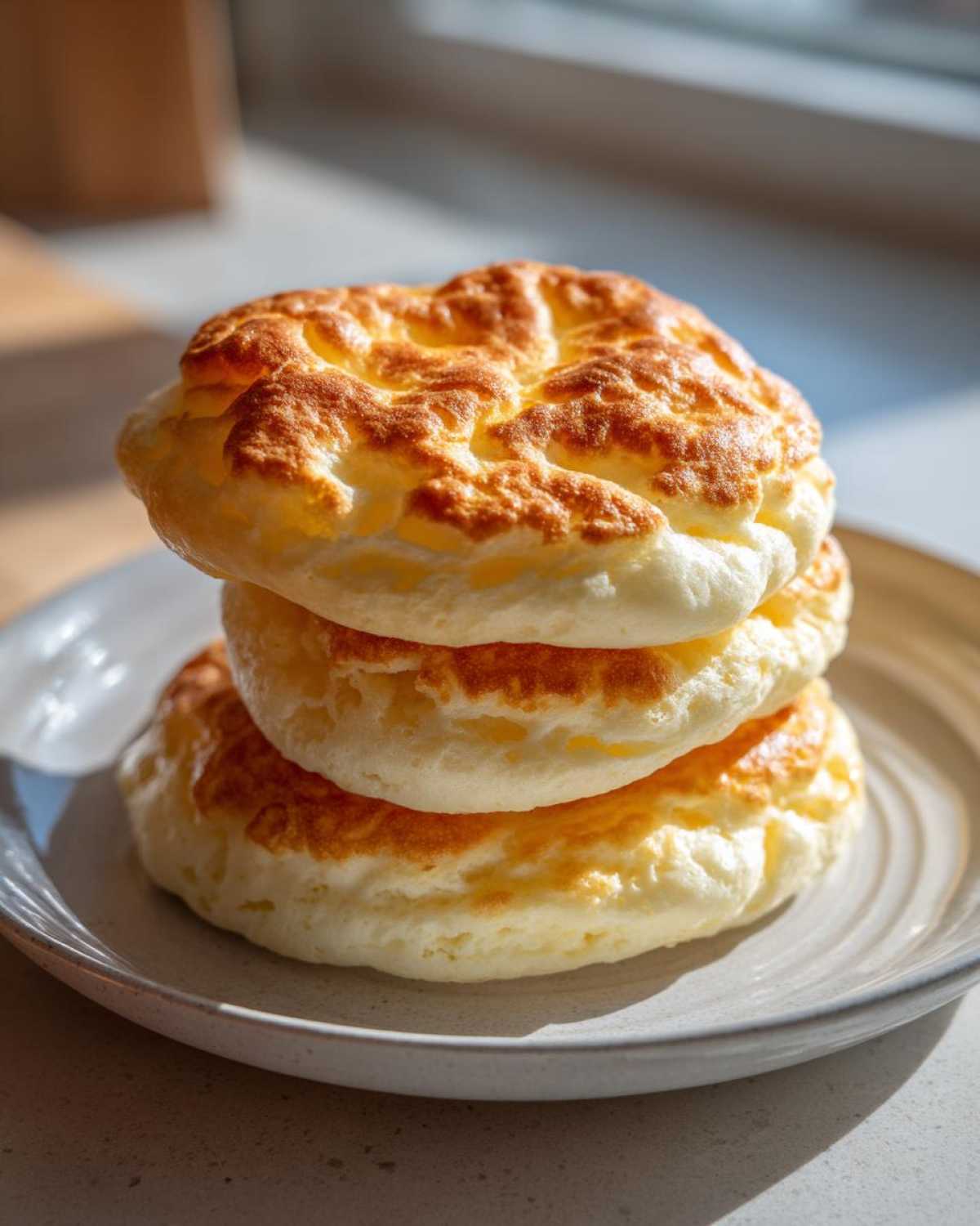 A stack of three golden-brown, fluffy cloud bread rounds served on a light gray plate near a window.