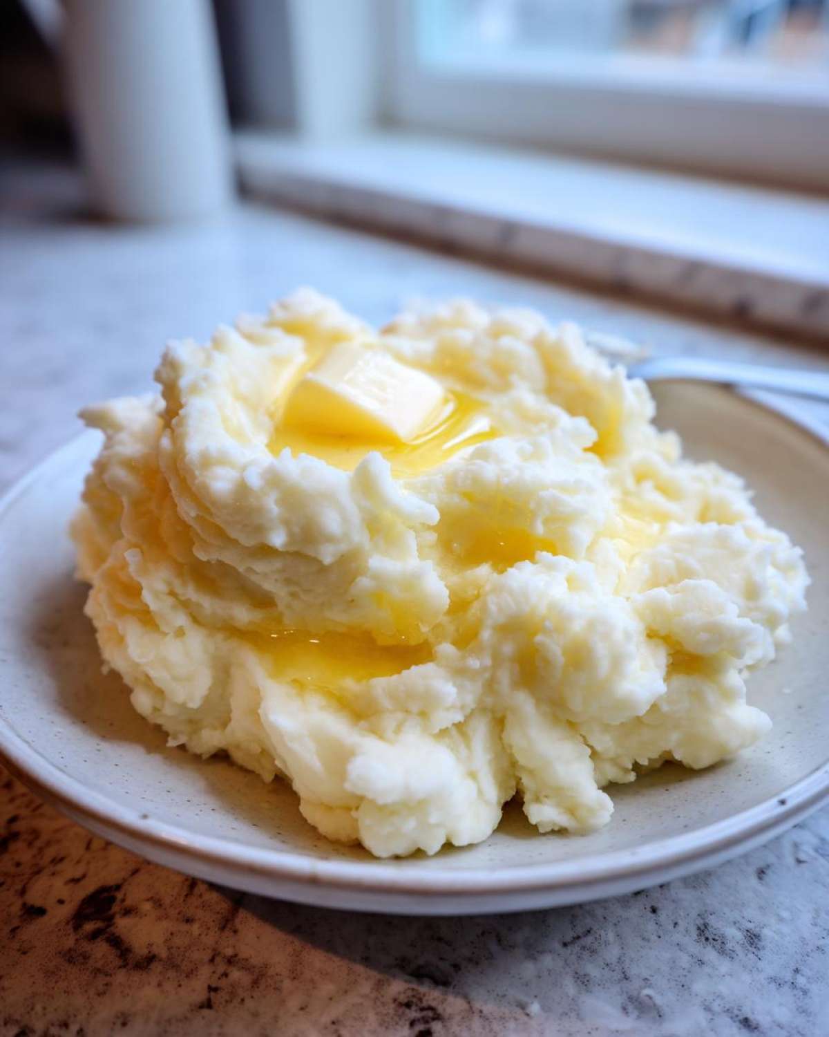 A serving of fluffy mashed potatoes topped with a melting pat of butter, ready to eat.