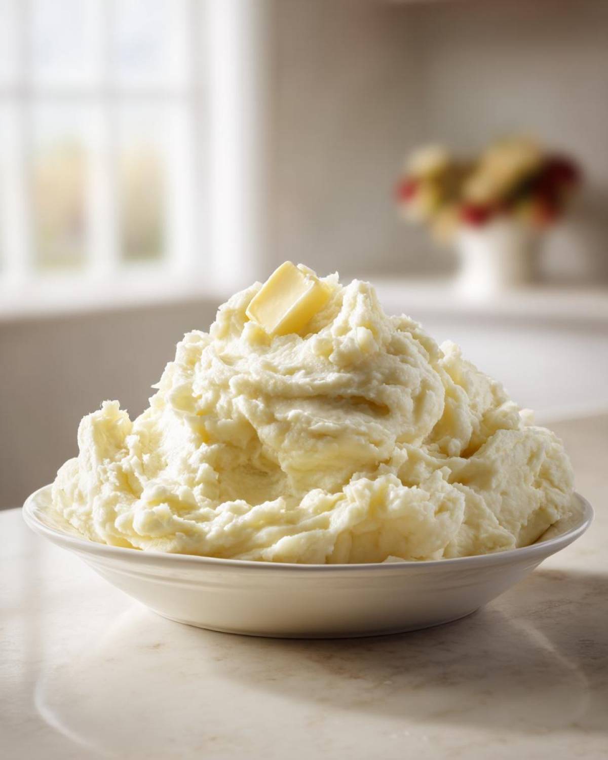 A large bowl overflowing with fluffy mashed potatoes, topped with a melting pat of butter.