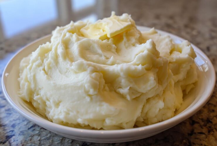 A generous serving of incredibly fluffy mashed potatoes topped with a melting pat of butter.