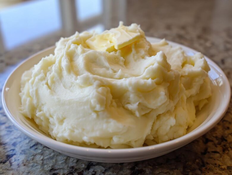 A generous serving of incredibly fluffy mashed potatoes topped with a melting pat of butter.