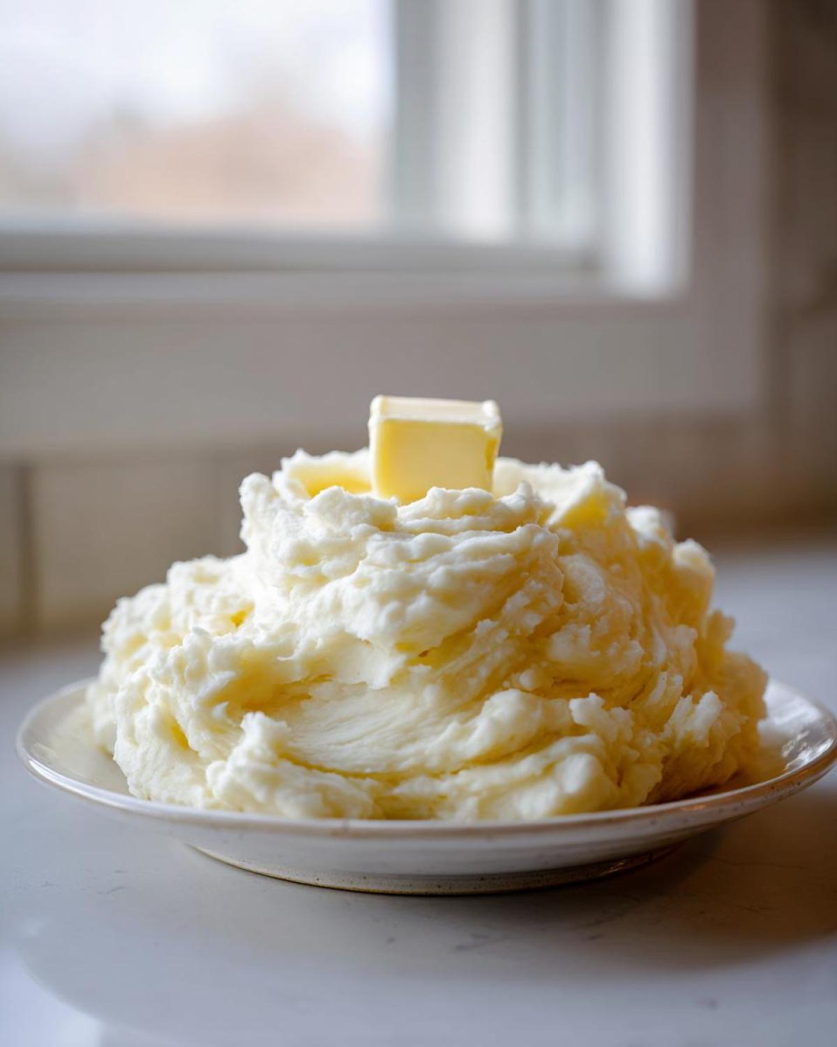 A large serving of fluffy mashed potatoes topped with a pat of melting butter.