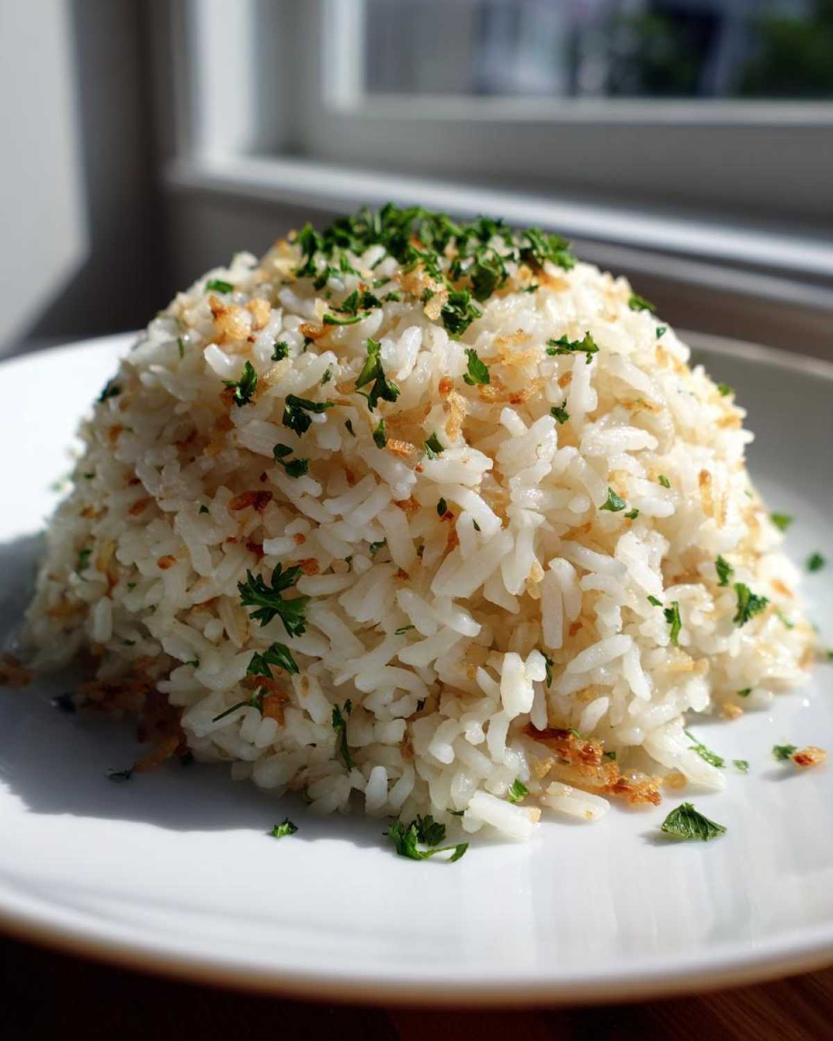 A perfectly mounded serving of fluffy rice pilaf garnished with chopped parsley and crispy fried onions or garlic.