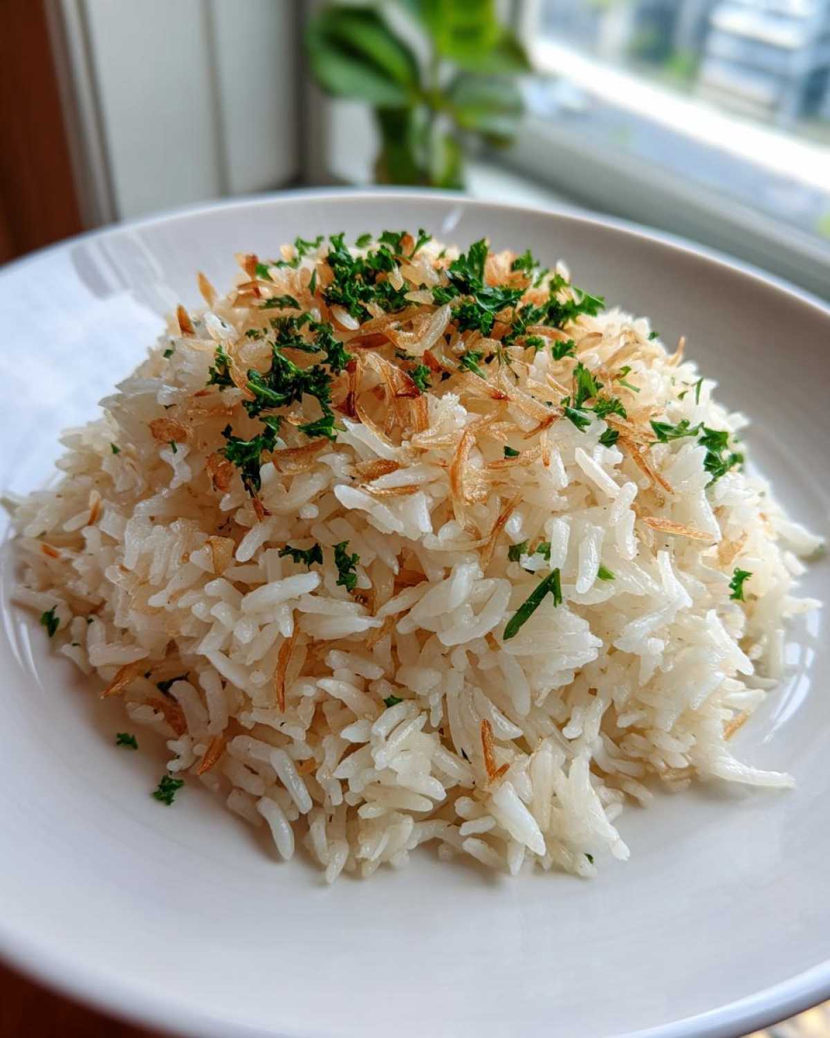 A mound of fluffy white rice pilaf topped with toasted vermicelli and fresh chopped parsley.