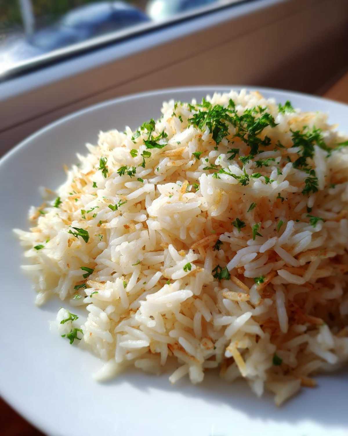 Close-up of fluffy white rice pilaf garnished with chopped fresh parsley and toasted vermicelli.